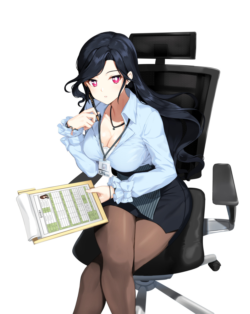1girl alternate_hair_color black_hair black_pantyhose black_skirt blue_bow blue_shirt bow bracelet breasts bright_pupils business_suit chair cleavage clipboard closers collared_shirt crossed_legs dress_shirt feet_out_of_frame frilled_sleeves frills from_above hand_up highres holding holding_clipboard holding_pen id_card jewelry lanyard large_breasts long_hair long_sleeves looking_at_viewer miniskirt mirae_(closers) office_chair office_lady official_art on_chair pantyhose paper parted_lips partially_unbuttoned pen pencil_skirt pendant red_eyes shirt shirt_tucked_in shirt_under_shirt sitting skirt skirt_suit sleeve_bow solo suit swivel_chair white_background white_pupils white_undershirt