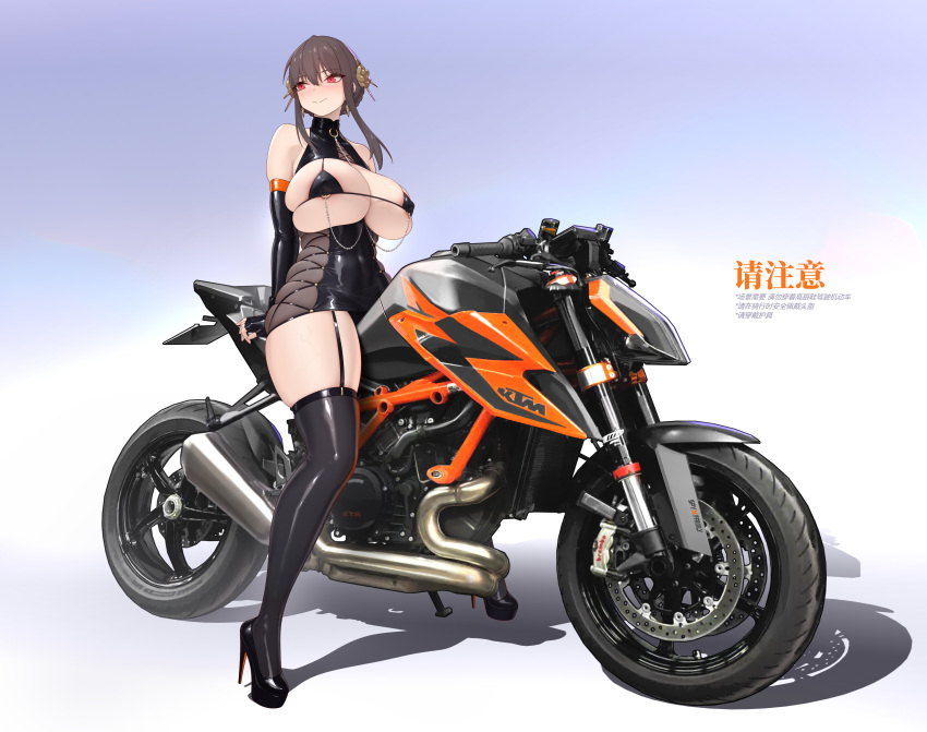 1girl absurdres bare_shoulders bikini black_dress black_footwear black_gloves blush boots breastless_clothes breasts chain closed_mouth commentary_request covered_nipples curvy dress elbow_gloves gloves gold_hairband hairband high_heels highres huge_breasts jewelry looking_to_the_side micro_bikini motor_vehicle motorcycle nipple_piercing piercing red_eyes rekaerb_maerd simple_background sitting skindentation smile solo spy_x_family string_bikini swimsuit thick_thighs thighhighs thighs yor_briar