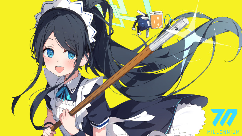 &lt;key&gt;_(robot)_(blue_archive) 1girl absurdly_long_hair absurdres apron aris_(blue_archive) aris_(maid)_(blue_archive) black_dress black_hair blue_archive blue_eyes blush dress green_halo halo highres long_hair looking_at_viewer maid maid_apron maid_headdress official_alternate_costume open_mouth ponytail ringed_eyes short_sleeves simple_background smile solo spice_mega very_long_hair white_apron yellow_background