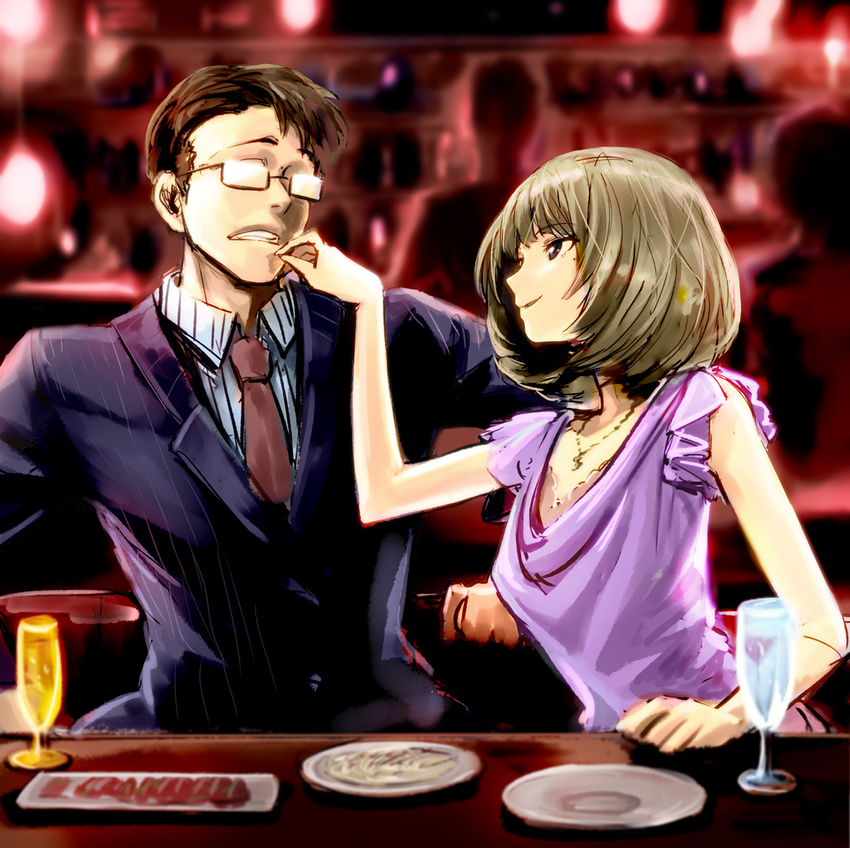 1girl bad_id bad_pixiv_id blue_eyes blush brown_hair clenched_teeth cup drinking_glass food formal glasses hand_on_another's_face highres idolmaster idolmaster_cinderella_girls indoors jewelry looking_at_another mole mole_under_eye necklace necktie pinstripe_pattern pinstripe_suit plate producer_(idolmaster) restaurant shiba_itsuki short_sleeves smile striped suit table takagaki_kaede teeth upper_body