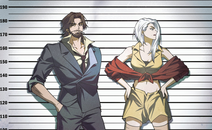 1boy 1girl alternate_costume ashe_(overwatch) beard black_nails brown_hair cassidy_(overwatch) cosplay cowboy_bebop earrings facial_hair faye_valentine faye_valentine_(cosplay) formal hand_in_pocket hand_on_own_hip highres jewelry korean_commentary looking_at_viewer medium_hair mugshot navel necktie overwatch overwatch_1 overwatch_2 pants parted_bangs short_hair simple_background smirk smoke smoking spike_spiegel spike_spiegel_(cosplay) tobacco trashmansry yellow_pants