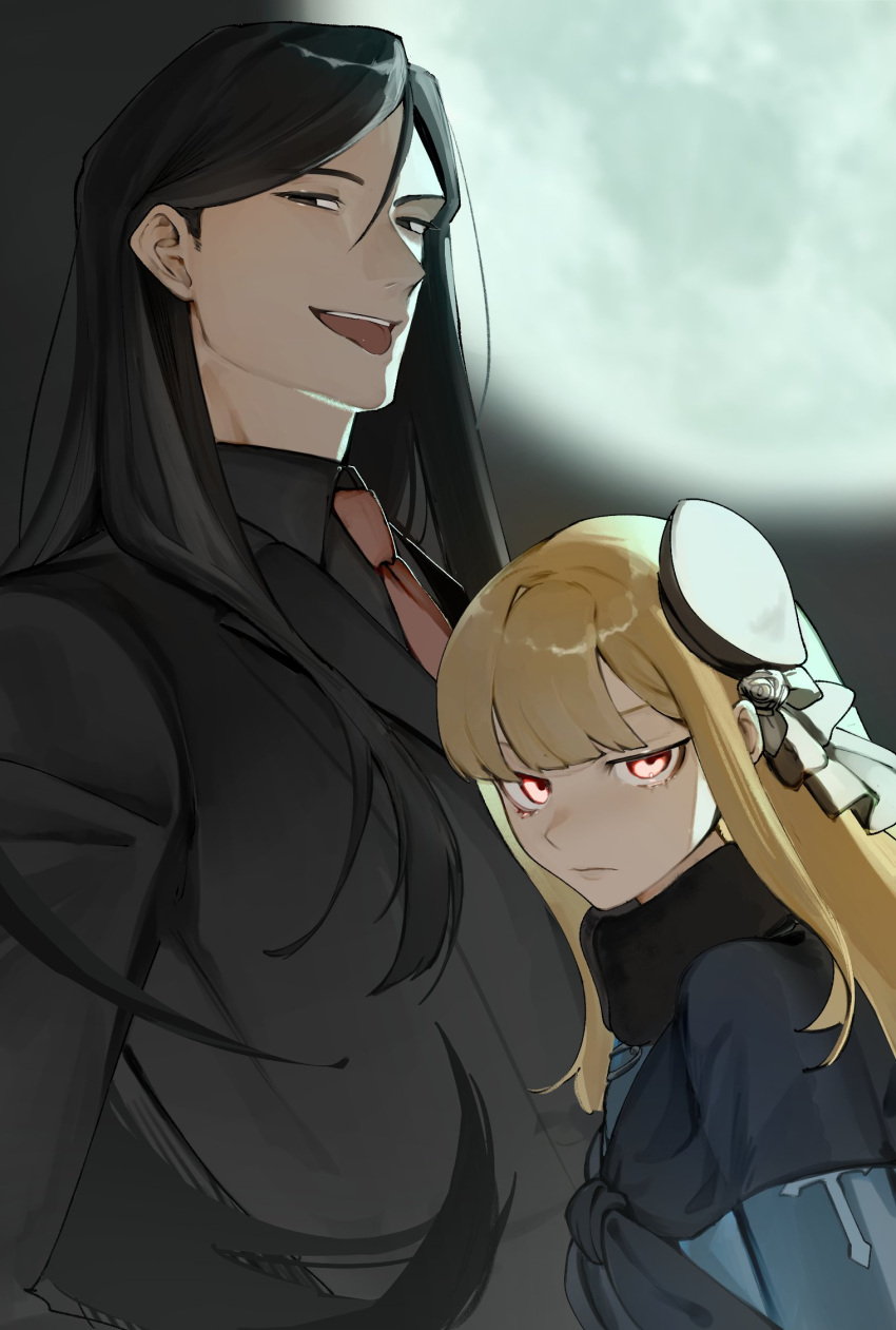 1boy 1girl black_eyes black_hair black_jacket black_shirt blonde_hair blurry blurry_background collared_shirt fate_(series) from_side full_moon height_difference highres jacket long_hair looking_at_viewer lord_el-melloi_ii lord_el-melloi_ii_case_files moon necktie red_eyes red_necktie reines_el-melloi_archisorte shirt tokoni_fusu tongue tongue_out upper_body waver_velvet