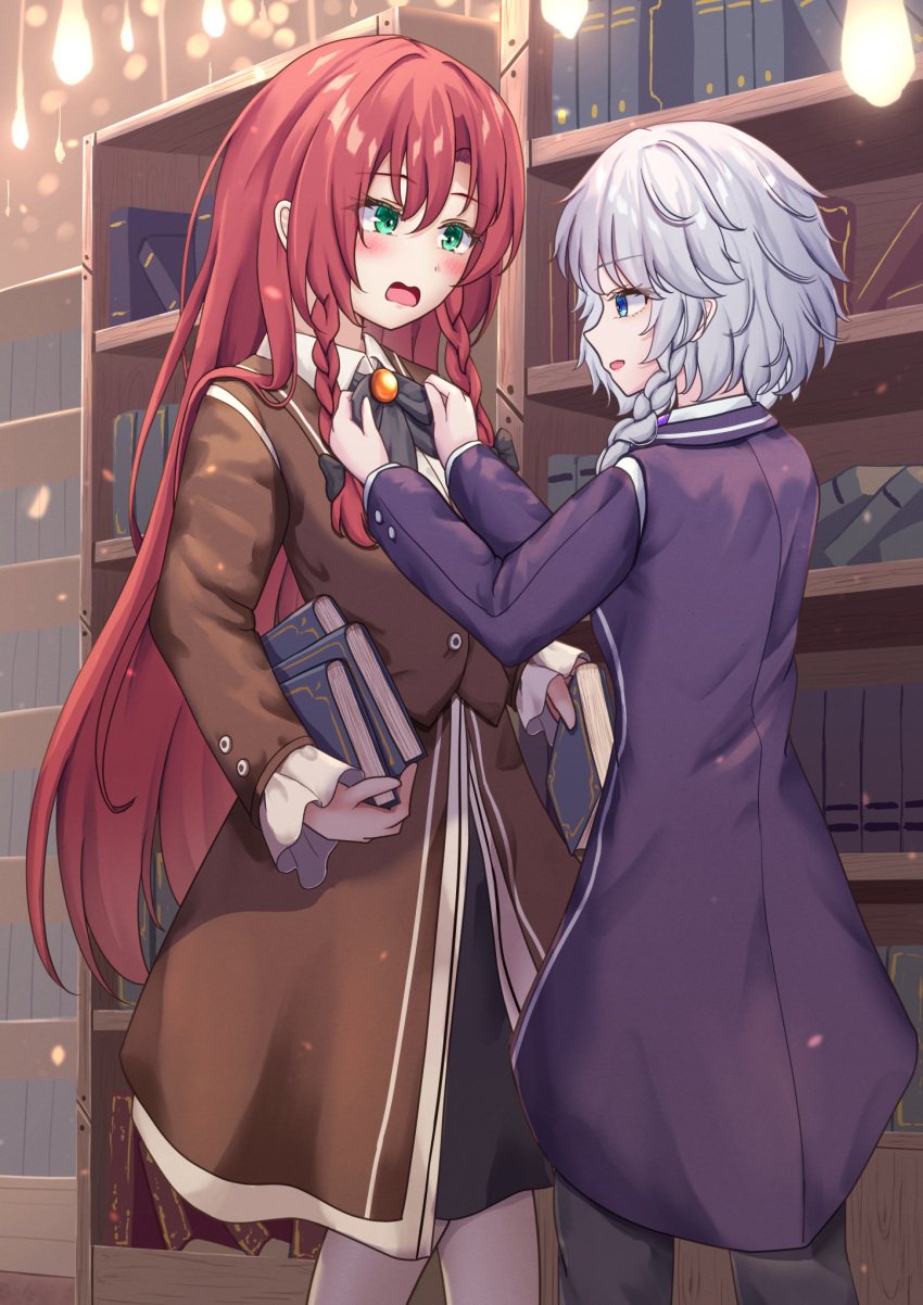 adjusting_bowtie alternate_costume book bookshelf bow bowtie braid brown_jacket brown_skirt coat cosplay frilled_sleeves frills green_eyes highres hod_(project_moon) hod_(project_moon)_(cosplay) hong_meiling izayoi_sakuya jacket library library_of_ruina lights mizunisabano project_moon purple_coat red_hair skirt touhou yesod_(project_moon) yesod_(project_moon)_(cosplay)