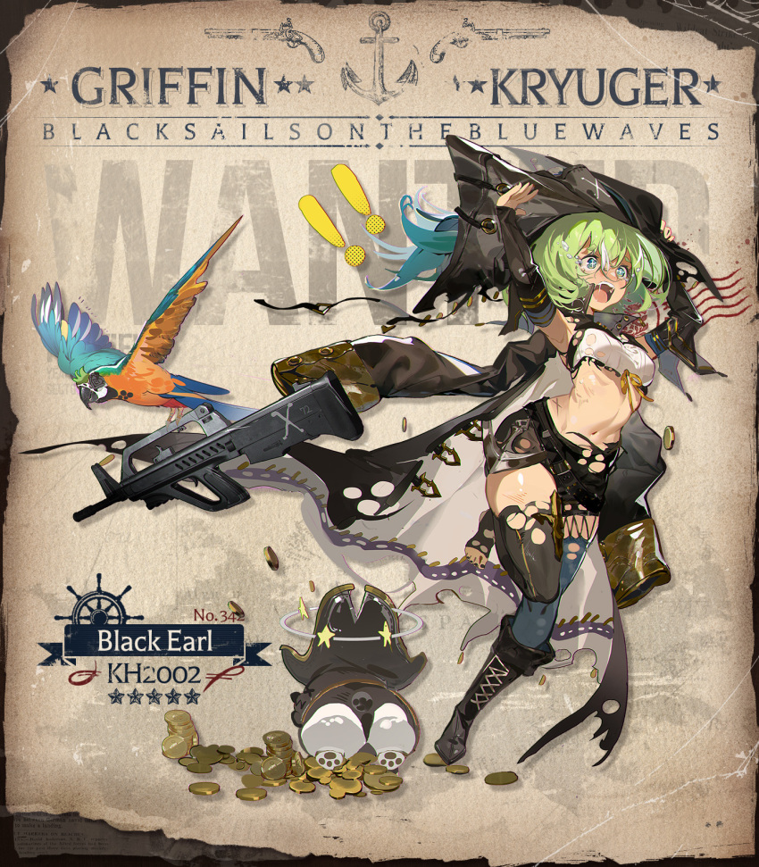 ! !! 1girl anchor_ornament arms_up asymmetrical_legwear aym_(weibo2861967950) bandeau bicorne black_coat black_dog black_footwear black_headwear black_nails black_shorts black_sleeves black_thighhighs blue_thighhighs boots breasts character_name coat coat_on_shoulders coin commentary detached_sleeves dizzy english_commentary eyepatch feet fleeing flying flying_teardrops full_body girls'_frontline gold_coin green_eyes green_hair gun hair_between_eyes hat highres holding holding_gun holding_weapon kh2002 kh2002_(black_earl)_(girls'_frontline) kh2002_(girls'_frontline) knee_boots long_sleeves mismatched_legwear navel official_alternate_costume official_art open_mouth pirate_hat pitbull_terrier poster_(object) running second-party_source short_hair short_shorts shorts single_knee_boot solo star_(symbol) stomach teeth thighhighs toenails toes torn_bandeau torn_clothes torn_coat torn_hat torn_shorts torn_thighhighs upper_teeth_only wanted weapon white_bandeau