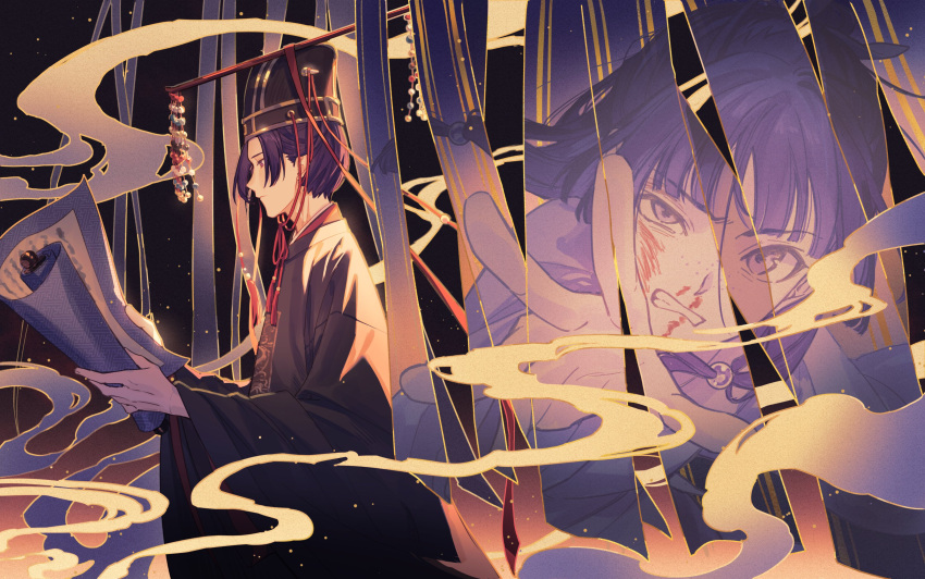 1boy 1girl absurdres banner beads black_background black_robe blood blood_on_face chin_strap chinese_clothes clenched_teeth double_exposure formal freckles gradient_background hair_beads hair_ornament hanfu highres holding holding_scroll injury jinshi_(kusuriya_no_hitorigoto) kusuriya_no_hitorigoto light_particles long_sleeves looking_ahead looking_at_viewer maomao_(kusuriya_no_hitorigoto) mian_guan nosebleed official_alternate_costume outstretched_arm profile purple_hair reaching reaching_towards_viewer reading robe scroll smoke spoilers teeth tsubsa_syaoin uneven_eyes updo upper_body wide_sleeves