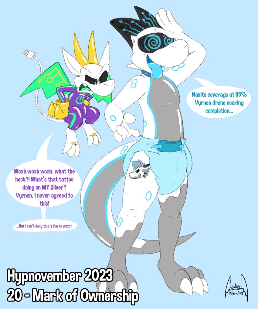 2023 3_toes 4_fingers angry anthro big_nose biped black_horn black_sclera blue_background blue_body blue_clothing blue_collar blue_diaper blue_tongue blue_underwear bodysuit claws clothed clothing collar control_collar dialogue diaper digit_ring digital_drawing_(artwork) digital_media_(artwork) dragon drone dronification english_text feet fingers flying gesture glistening glistening_clothing glistening_skinsuit gloves green_clothing green_collar green_eyes green_skinsuit green_wings grey_body handwear hi_res horn hypnosis hypnovember imp jewelry latex latex_clothing latex_gloves latex_handwear long_tail membrane_(anatomy) membranous_wings mind_control power_symbol purple_clothing purple_skinsuit reboot_(soul-silver-dragon) ring salute scalie sharp_teeth simple_background skinsuit soul-silver-dragon soul-silver-dragon_(character) speech_bubble spiral spiral_eyes tail tattoo teeth text tight_clothing toe_claws toe_ring toes tongue tongue_out toony topless transformation underwear usb_tail vyrnen wearing_diaper white_body white_nose wings yellow_clothing yellow_gloves yellow_handwear yellow_horn