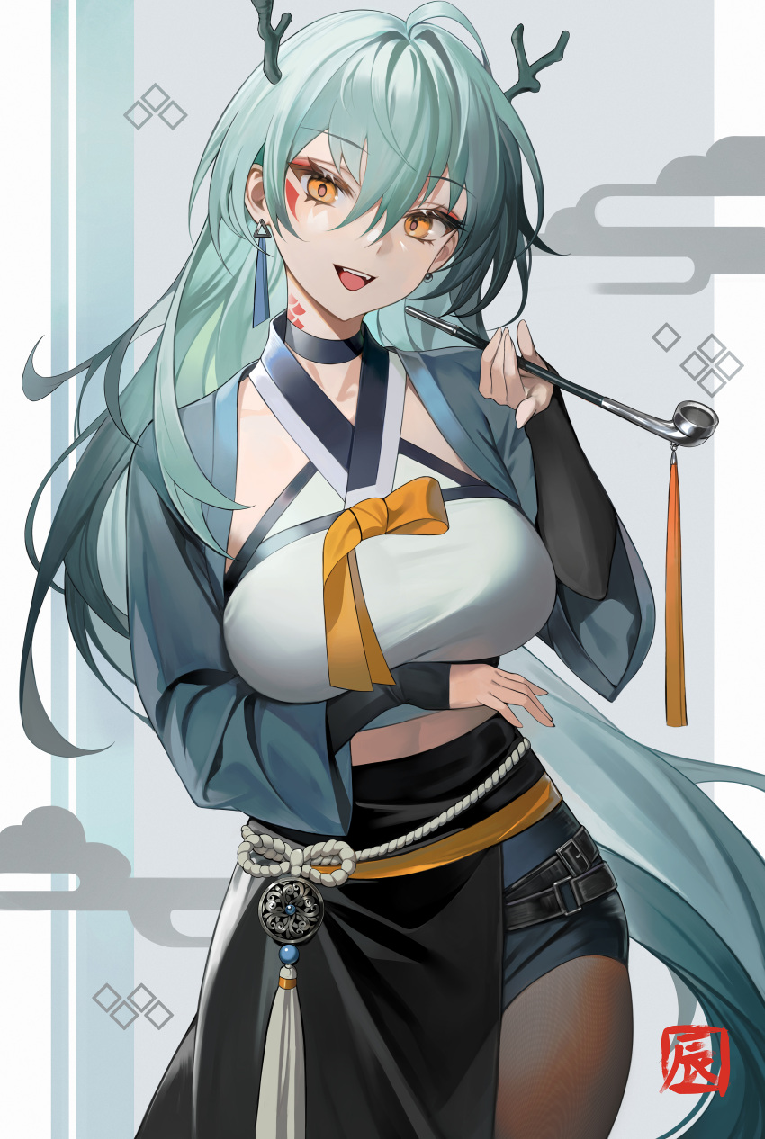 1girl absurdres aqua_hair belt black_belt black_choker black_shorts breasts chinese_clothes choker chungla commentary cowboy_shot cropped_shirt dragon_horns earrings hair_between_eyes highres holding holding_smoking_pipe horns index_finger_raised jewelry large_breasts long_hair long_sleeves looking_at_viewer midriff open_mouth orange_eyes original shirt shorts smile smoking_pipe solo teeth upper_teeth_only very_long_hair white_shirt