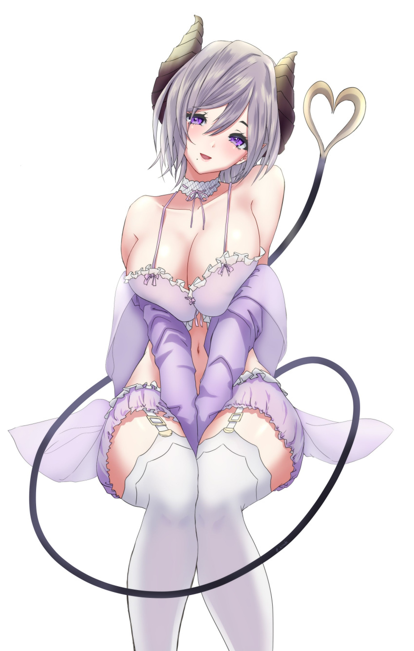 1girl absurdres babydoll blush breasts breasts_squeezed_together brown_horns cleavage commentary_request demon_girl demon_tail feet_out_of_frame garter_straps grey_hair hair_between_eyes head_tilt heart highres horns invisible_chair large_breasts long_bangs looking_at_viewer miniskirt nanashi_inc. navel open_mouth purple_babydoll purple_eyes purple_skirt ryokuoushoku_hitode saionji_mary short_hair simple_background sitting skirt smile solo tail thighhighs virtual_youtuber white_background white_thighhighs