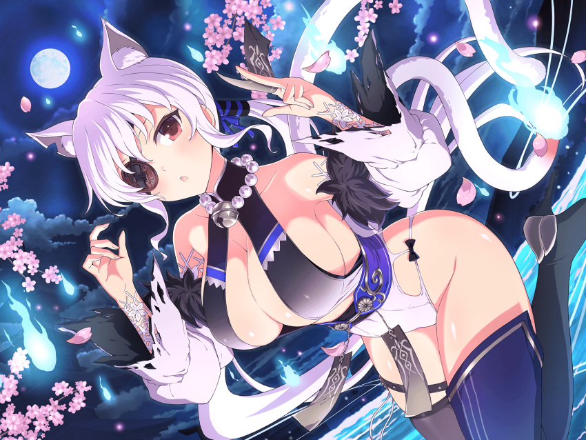 alternate_hairstyle animal_ears arm_tattoo bell breasts cat_ears cat_tail cherry_blossoms cleavage curse_seal detached_sleeves eyepatch floral_print full_moon high_heels highres jewelry jingle_bell lake large_breasts leg_up leotard long_hair moon mountainous_horizon multiple_tails neck_bell necklace nekomata night night_sky official_art open_mouth pearl_necklace pink_petals ponytail red_eyes senran_kagura senran_kagura_new_link sideboob sky tail tattoo thighhighs two_tails water white_hair yagyuu_(senran_kagura)
