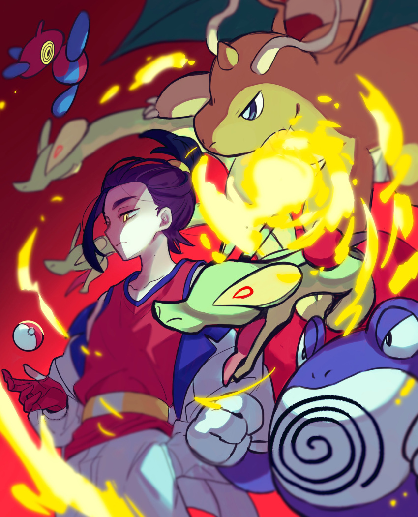 1boy absurdres bebekichi_0413 black_hair breathing_fire closed_mouth dragonite fire gloves hand_in_pocket highres hydrapple jacket kieran_(pokemon) long_sleeves male_focus mole mole_on_neck multicolored_hair open_clothes open_jacket open_mouth partially_fingerless_gloves poke_ball poke_ball_(basic) pokemon pokemon_(creature) pokemon_sv poliwrath porygon-z purple_hair red_gloves red_tank_top simple_background tank_top white_jacket