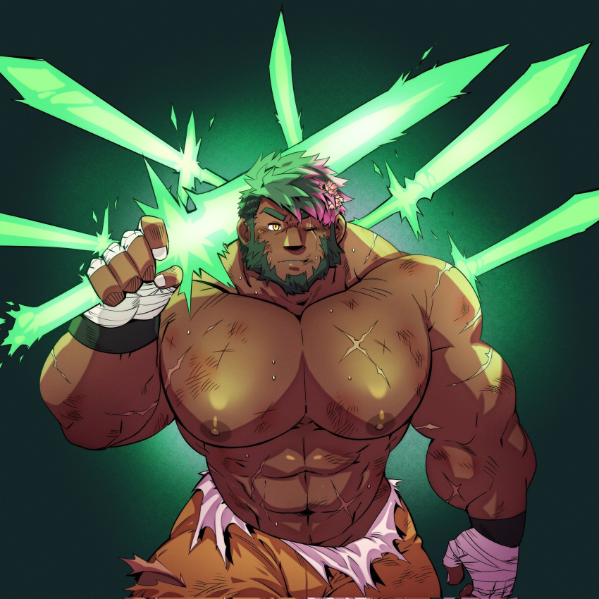 1boy abs bara beard cowboy_shot dark-skinned_male dark_skin energy_sword facial_hair final_fantasy final_fantasy_xiv flower full_beard green_hair hair_flower hair_ornament highres huge_pectorals kokukokuboo looking_at_viewer male_focus mature_male multicolored_hair muscular muscular_male nipples over_shoulder pink_hair roegadyn scar scar_across_eye second-party_source shield_(sakimori91) short_hair solo stomach streaked_hair sweat sword sword_over_shoulder thick_beard thick_eyebrows topless_male warrior_of_light_(ff14) weapon weapon_over_shoulder