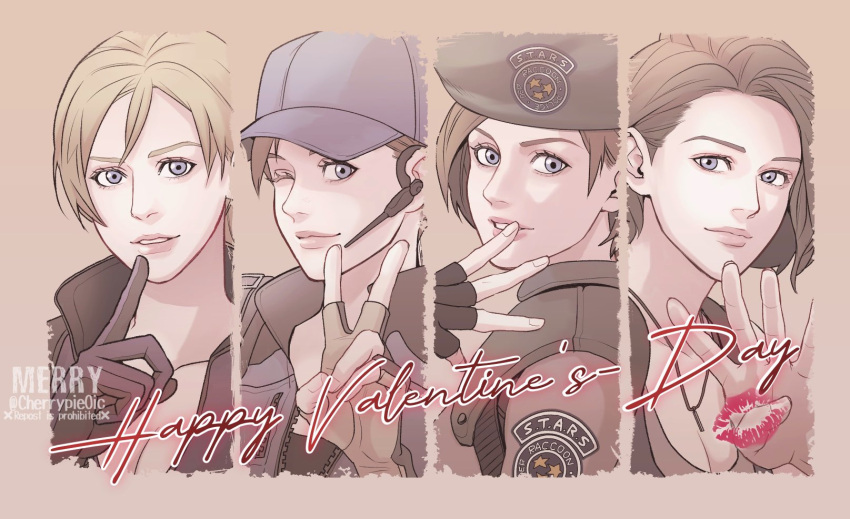 beret blonde_hair blue_headwear breasts brown_hair cleavage closed_mouth fingerless_gloves gloves happy_valentine hat highres hitsuji_merry jill_valentine long_hair looking_at_viewer one_eye_closed parted_lips resident_evil resident_evil:_death_island resident_evil_1 resident_evil_3:_nemesis resident_evil_3_(remake) resident_evil_5 short_hair simple_background v valentine