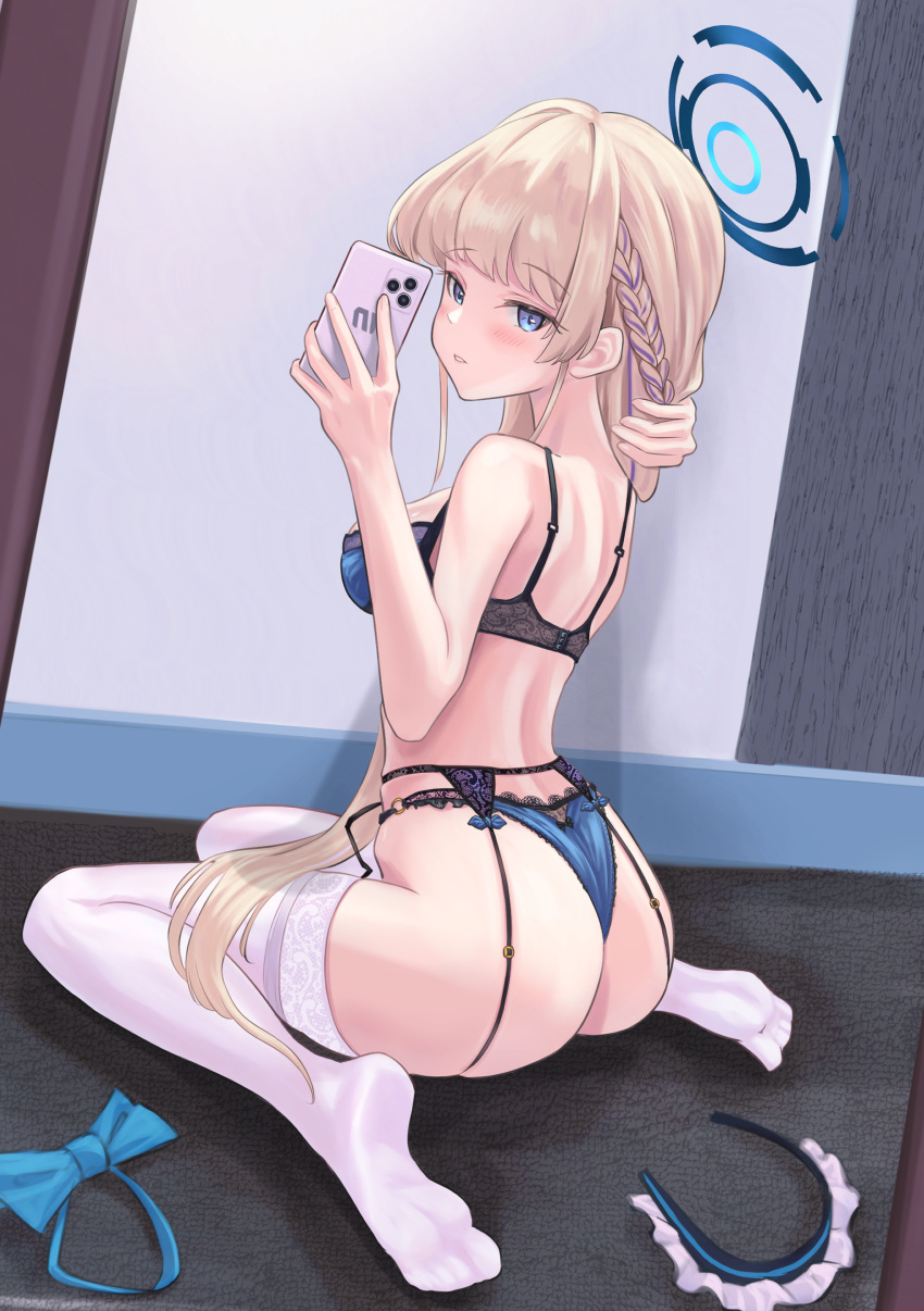 1girl absurdres alternate_costume ass blonde_hair blue_archive blue_bow blue_bowtie blue_bra blue_eyes blue_hair blue_halo blue_panties blush bow bowtie bra braid breasts cellphone commentary_request garter_belt halo highres holding holding_phone indoors lingerie long_hair looking_at_viewer maid_headdress medium_breasts multicolored_hair no_shoes o-ring o-ring_bottom o-ring_panties panties parted_lips phone smartphone soles solo streaked_hair tatsumi_yashiro teeth thighhighs thong toes toki_(blue_archive) turning_head underwear underwear_only unworn_bowtie very_long_hair white_thighhighs