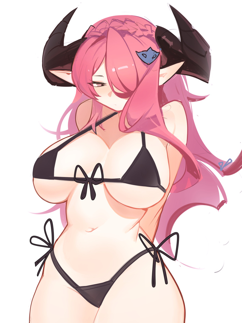 1girl alternate_costume bare_arms bare_shoulders bikini black_bikini breasts closed_mouth commentary cowboy_shot distr english_commentary front-tie_bikini_top front-tie_top granblue_fantasy hair_ornament hair_over_one_eye highres horns large_breasts long_hair narmaya_(granblue_fantasy) navel one_eye_covered pink_eyes pink_hair pointy_ears side-tie_bikini_bottom sidelocks simple_background solo stomach swimsuit white_background