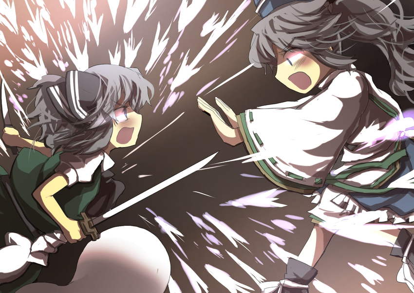 battle blush commentary dual_wielding duel gaoo_(frpjx283) grey_eyes grey_hair hat holding knife konpaku_youmu konpaku_youmu_(ghost) mononobe_no_futo multiple_girls open_mouth ponytail short_sleeves sword touhou weapon wide_sleeves