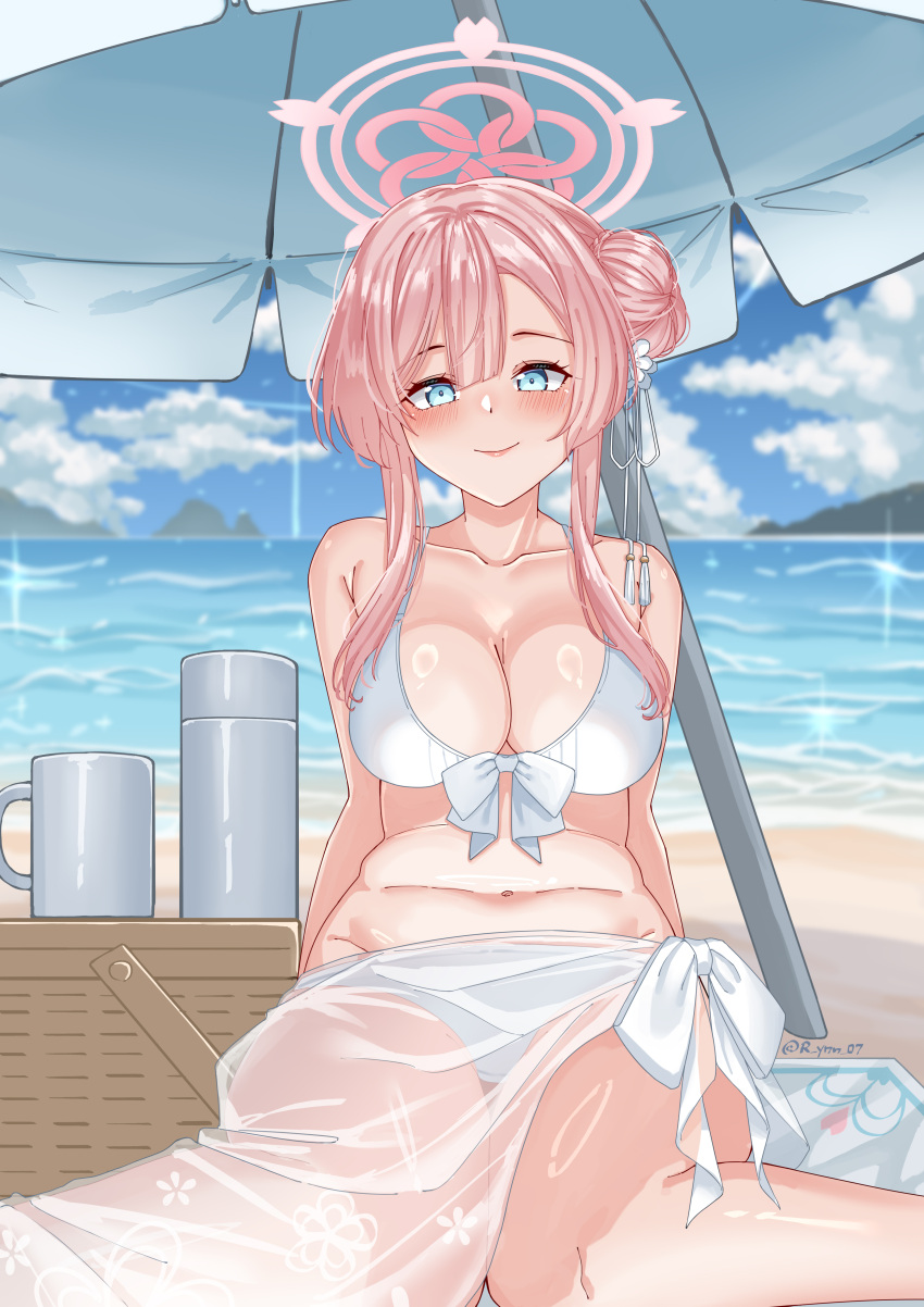 1girl absurdres beach bikini blue_archive blue_eyes blush breasts cleavage closed_mouth collarbone day hair_bun halo highres large_breasts long_hair looking_at_viewer mimori_(blue_archive) mimori_(swimsuit)_(blue_archive) ocean official_alternate_costume outdoors parasol pink_hair pink_halo rynn_(darknescorez) sarong single_side_bun smile solo swimsuit twitter_username umbrella white_bikini white_sarong