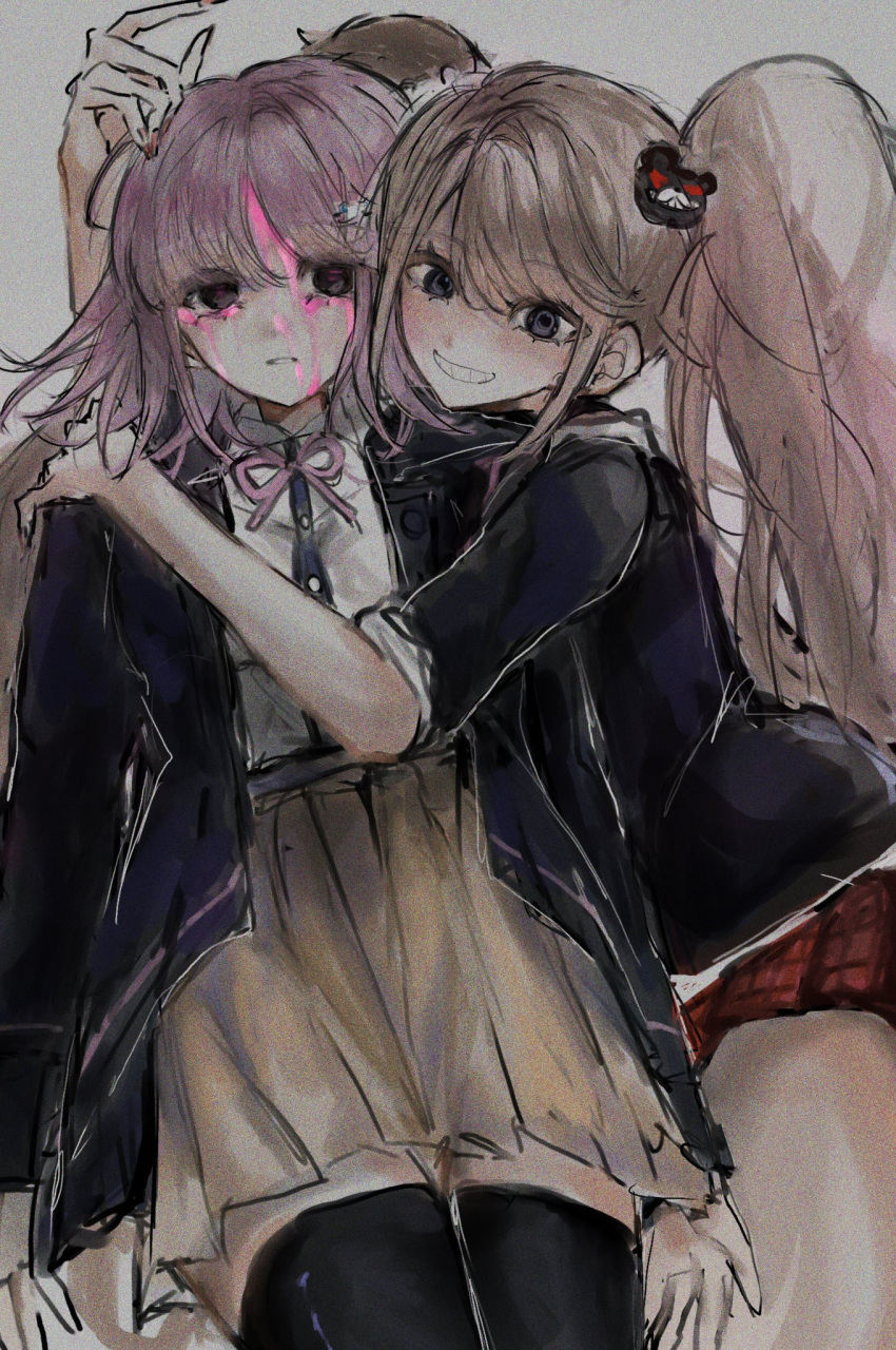 2girls bear_hair_ornament black_jacket black_thighhighs blonde_hair blood blood_on_face brown_skirt danganronpa_(series) danganronpa_2:_goodbye_despair enoshima_junko grin hair_ornament highres hug jacket medium_hair miniskirt multiple_girls nanami_chiaki neck_ribbon open_clothes open_jacket pi_no_(qqy6xxf8zxmbvyy) pink_blood pink_ribbon pleated_skirt red_skirt ribbon shiny_skin shirt_tucked_in skirt smile teeth thighhighs twintails zettai_ryouiki