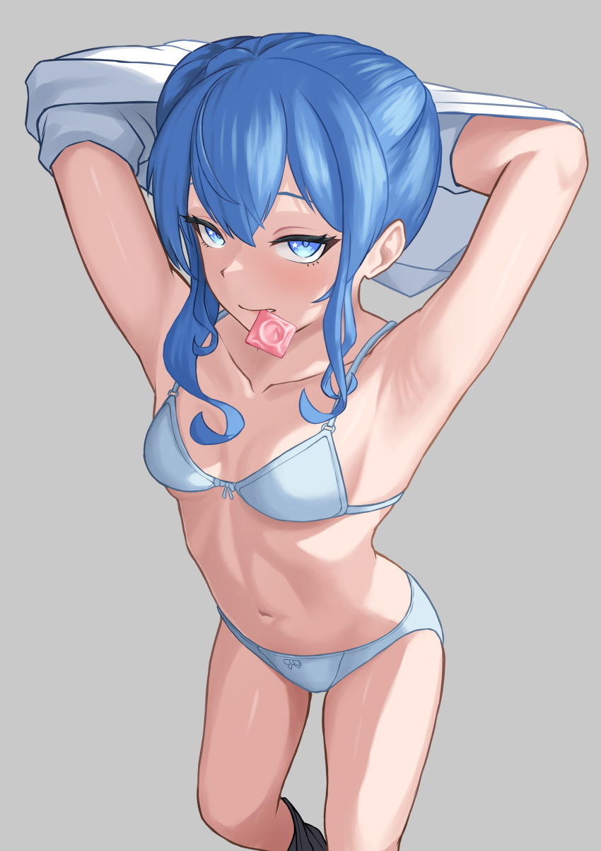 1girl absurdres armpits arms_behind_head arms_up blue_bra blue_eyes blue_hair blue_panties bra breasts collarbone condom condom_wrapper diptip english_commentary grey_background highres hololive hoshimachi_suisei looking_at_viewer mouth_hold navel panties shirt side_ponytail small_breasts solo star_(symbol) star_in_eye symbol_in_eye underwear undressing virtual_youtuber white_shirt