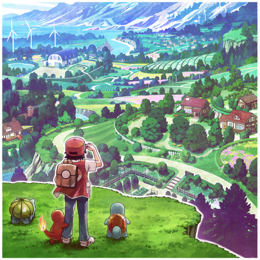 1boy backpack bag brown_bag building bulbasaur charmander commentary_request day denim fence grass hand_on_headwear hand_up hat highres jacket jeans k-n male_focus outdoors pants pokemon pokemon_(creature) pokemon_rgby red_(pokemon) red_headwear scenery shoes short_sleeves squirtle standing starter_pokemon_trio tree white_footwear wind_turbine