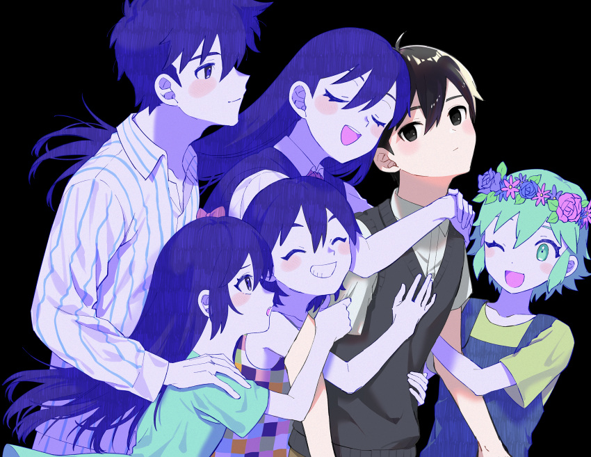 2girls 4boys antenna_hair aqua_eyes aqua_hair aqua_shirt aubrey_(headspace)_(omori) aubrey_(omori) basil_(headspace)_(omori) basil_(omori) black_background black_eyes black_hair black_sweater_vest blush bow brother_and_sister brothers checkered_clothes checkered_shirt closed_eyes closed_mouth collared_shirt expressionless grin hair_between_eyes hair_bow hand_on_another's_shoulder hands_on_another's_shoulders head_wreath hero_(headspace)_(omori) hero_(omori) highres kel_(headspace)_(omori) kel_(omori) long_hair long_sleeves mari_(headspace)_(omori) mari_(omori) multiple_boys multiple_girls omori one_eye_closed open_mouth pajamas pink_bow purple_eyes purple_hair purple_sweater_vest shirt short_hair short_sleeves siblings sleeveless smile striped_clothes striped_pajamas striped_shirt sunny_(omori) sweater_vest tank_top teeth tio_zomi upper_teeth_only vertical-striped_clothes vertical-striped_pajamas vertical-striped_shirt