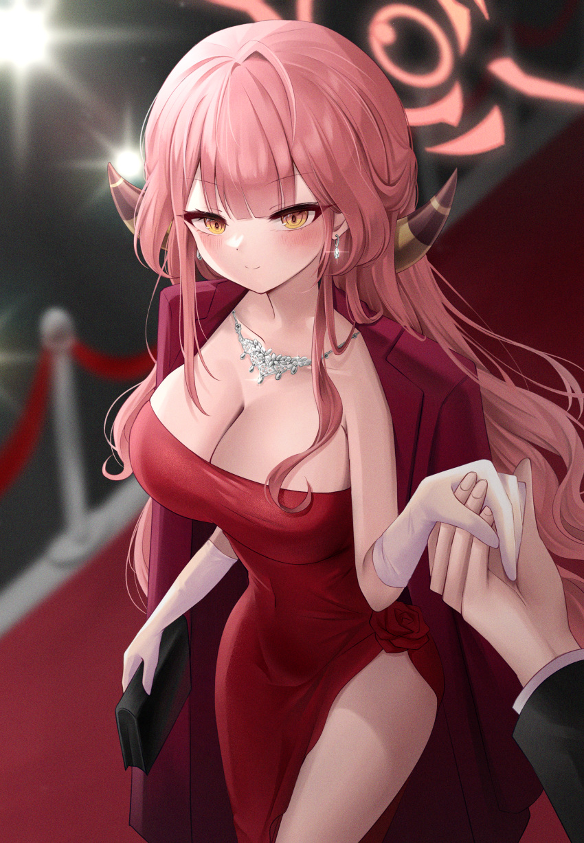 1girl 1other absurdres aru_(blue_archive) aru_(dress)_(blue_archive) blue_archive blush breasts brown_horns cleavage closed_mouth coat coat_on_shoulders collarbone demon_horns dress gloves halo highres horns iyusei_02 jewelry large_breasts long_hair looking_at_viewer necklace official_alternate_costume pink_hair pink_halo red_coat red_dress smile solo_focus strapless strapless_dress thighs white_gloves yellow_eyes