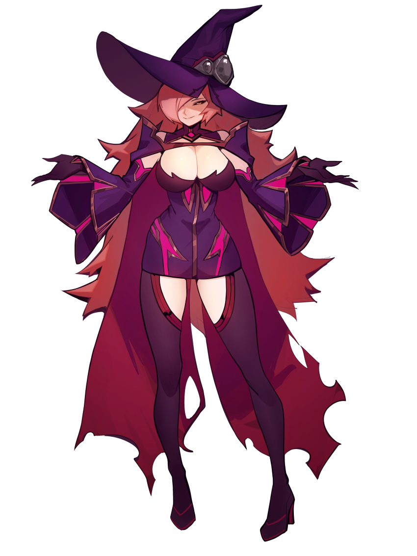 1girl absurdres black_sclera blazblue breasts cape cleavage colored_sclera commentary commission detached_sleeves distr dress english_commentary full_body gloves hair_over_one_eye hat highres konoe_a._mercury large_breasts long_hair long_sleeves looking_at_viewer one_eye_covered orange_eyes pink_hair purple_dress purple_gloves purple_headwear purple_thighhighs red_cape short_dress simple_background sleeveless sleeveless_dress solo standing thighhighs white_background wide_sleeves witch witch_hat