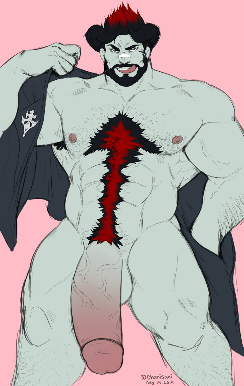 1boy abs absurdres bandaid bandaid_on_face bandaid_on_nose bara bare_pectorals body_fur colored_skin demon_boy demon_horns dhanisani feet_out_of_frame final_fantasy final_fantasy_xiv grey_skin hairy highres horns huge_penis jacket jacket_partially_removed large_pectorals looking_at_viewer male_focus mature_male monster_boy muscular muscular_male navel navel_hair nipples nude pectorals penis seductive_smile short_hair sideburns smile solo sparky_(ethorasw) sparse_arm_hair sparse_chest_hair sparse_leg_hair standing stomach thick_navel_hair thick_thighs thighs uncensored undressing veins veiny_arms warrior_of_light_(ff14)