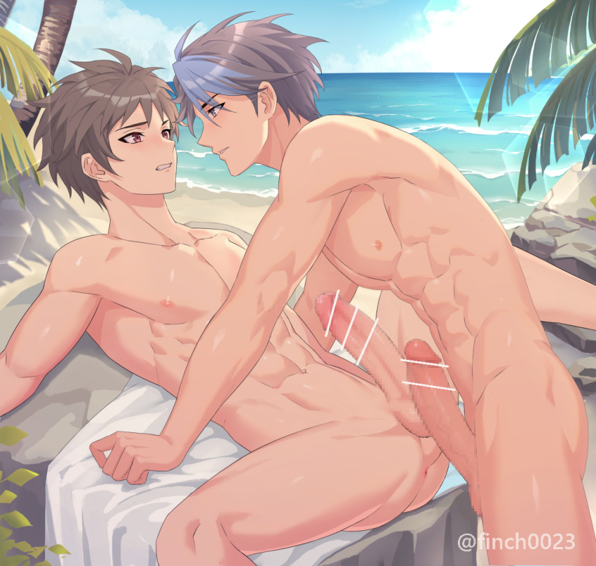 2boys anus bar_censor beach blue_hair blue_sky blush brown_hair censored cloud collarbone commentary_request eiyuu_densetsu finch_(blanc1771) horizon kuro_no_kiseki kuro_no_kiseki_ii large_penis lying male_focus mosaic_censoring multicolored_hair multiple_boys muscular muscular_male navel nipples on_back on_rock outdoors palm_tree penis penises_touching red_eyes short_hair sky streaked_hair swin_abel teeth tree van_arkride water yaoi