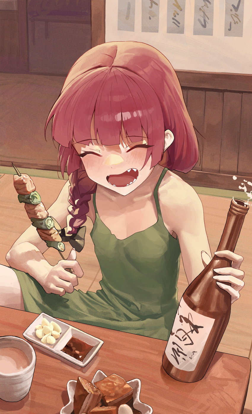 1girl ^_^ absurdres blush bocchi_the_rock! bottle braid closed_eyes collarbone dress flat_chest food garlic green_dress hair_over_shoulder highres hiroi_kikuri holding holding_bottle holding_food hwan_(verypoor) indoors red_eyes restaurant sake_bottle sharp_teeth sitting sleeveless sleeveless_dress smile solo teeth yakitori