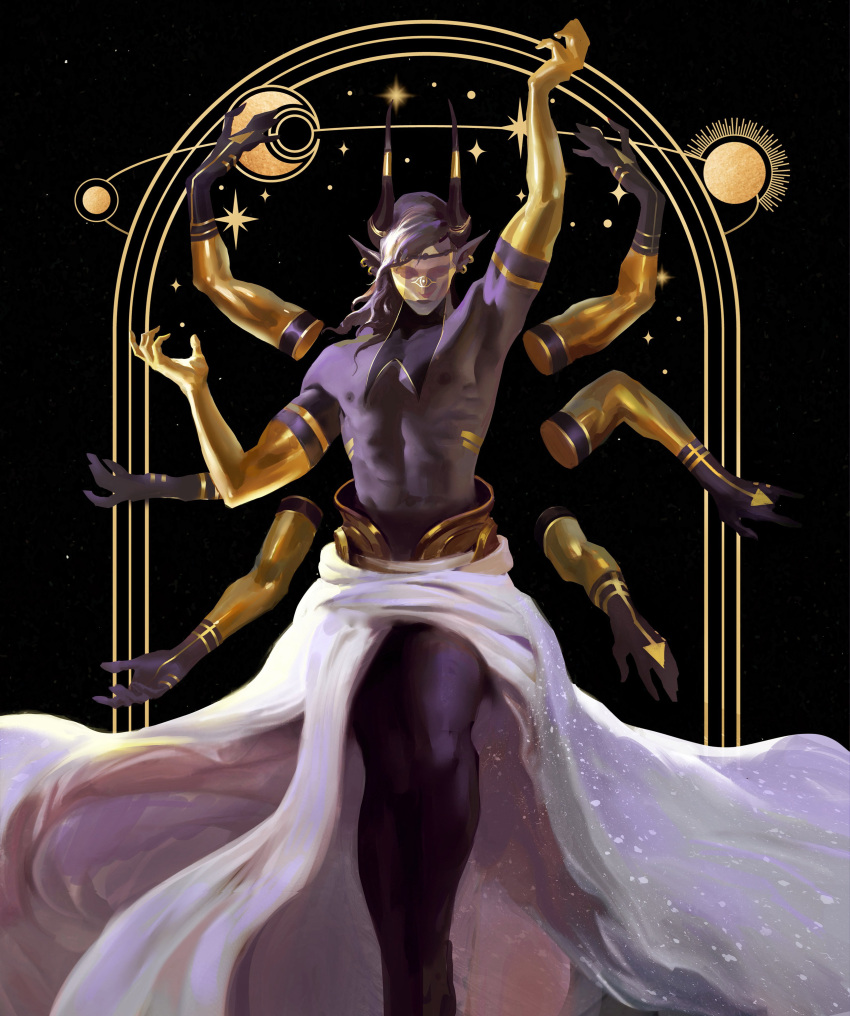 1boy abs absurdres bare_legs black_background body_markings commentary commission constellation_print demon_horns earrings english_commentary extra_arms eye_symbol faux_traditional_media feet_out_of_frame gold_earrings gold_skin gold_trim highres horns jewelry male_focus medium_hair moon_(symbol) multiple_earrings muscular muscular_male original outstretched_arms robe sparkle standing star_(symbol) sun_symbol topless_male veil white_robe yuming_li