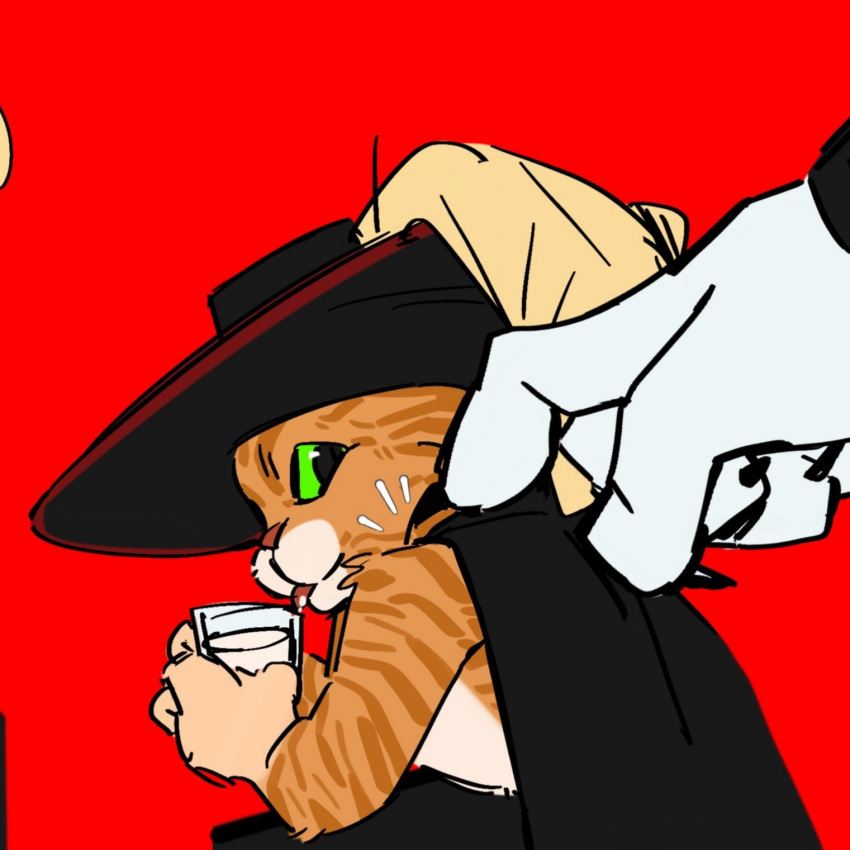 aifu404 anthro beverage blep cape claws clothing container cup death_(puss_in_boots) domestic_cat dreamworks duo felid feline felis fur glass glass_container glass_cup green_eyes hat headgear headwear hi_res holding_object looking_back male mammal milk orange_body orange_fur poking puss_in_boots_(character) puss_in_boots_(dreamworks) red_background simple_background solo solo_focus tabby_cat tongue tongue_out touching_shoulder white_body white_fur