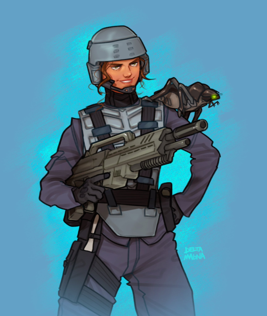 1girl ammunition_pouch arachnid_(starship_troopers) assault_rifle body_armor bullpup chin_strap deltamagna gloves gun helmet highres military_uniform pouch red_hair rifle signature smile solo starship_troopers trigger_discipline uniform weapon