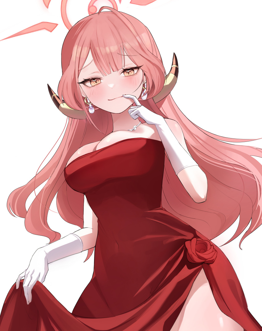 1girl absurdres ahoge aru_(blue_archive) aru_(dress)_(blue_archive) blue_archive blush breasts brown_horns cleavage closed_mouth covered_navel cowboy_shot demon_horns dress gloves halo highres horns large_breasts long_hair looking_at_viewer official_alternate_costume pink_hair pink_halo red_dress simple_background solo strapless strapless_dress white_background white_gloves yellow_eyes zije