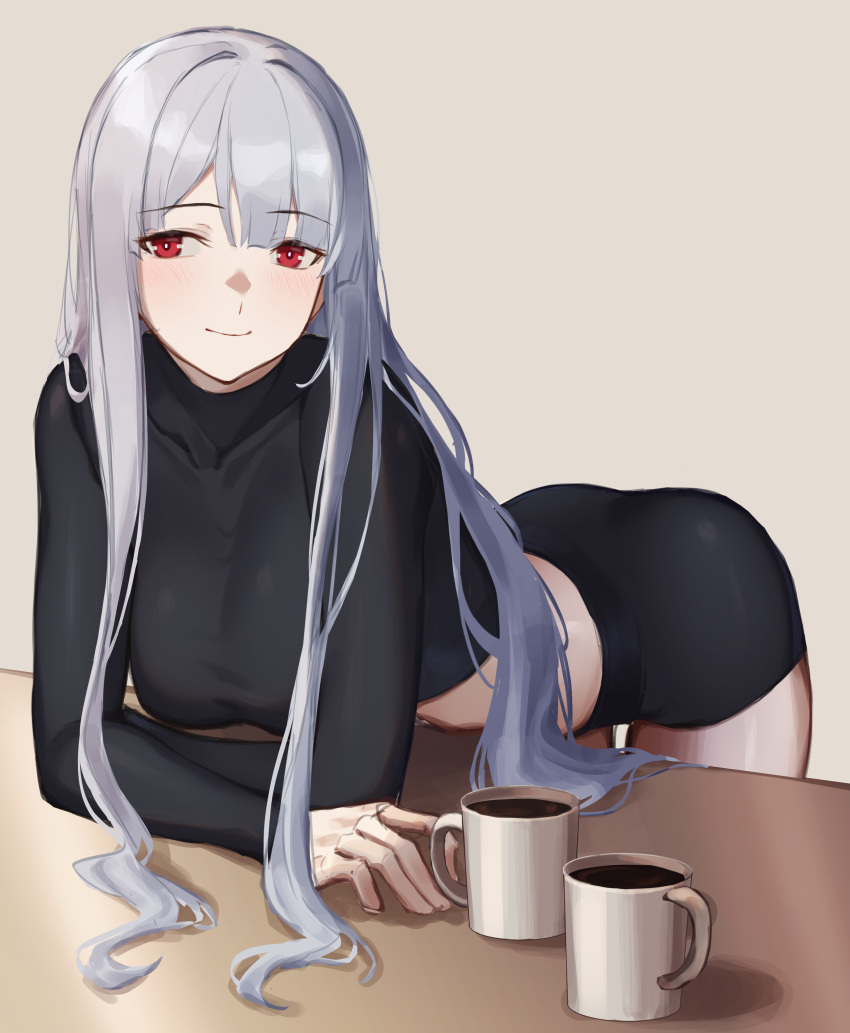 1girl 3_small_spiders absurdres ak-12_(girls'_frontline) bent_over black_shirt black_shorts blush breasts coffee_mug cup girls'_frontline grey_hair highres long_hair looking_at_viewer mug red_eyes shirt shorts simple_background smile solo