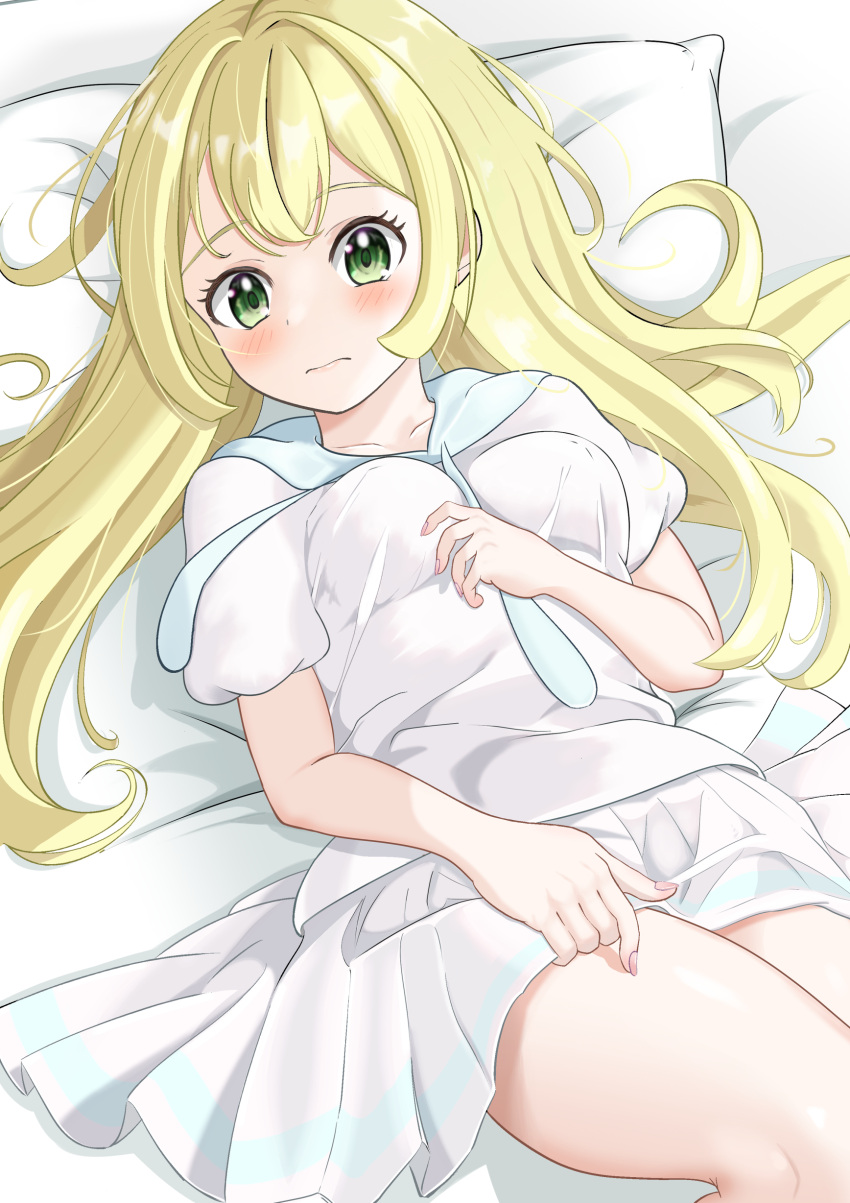 1girl absurdres blonde_hair blush breasts closed_mouth commentary_request eyelashes green_eyes head_on_pillow highres knee_up lillie_(pokemon) long_hair looking_at_viewer lying on_back pillow pleated_skirt pokemon pokemon_sm seriponpoyon shirt short_sleeves skirt solo white_shirt white_skirt