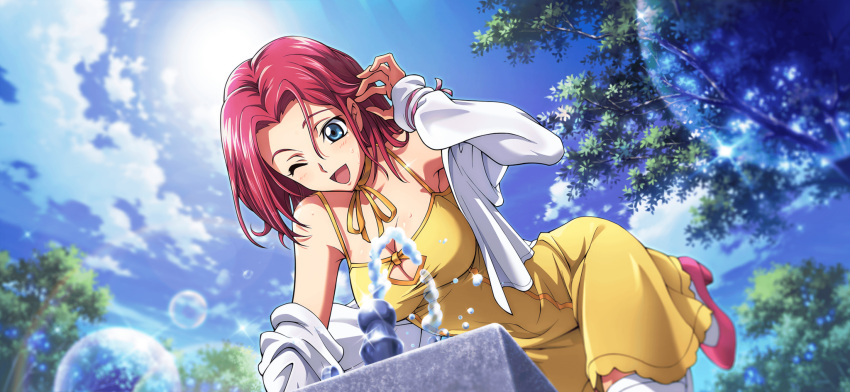 1girl arm_up artist_request bare_shoulders bent_over blue_eyes blue_sky blurry blurry_background blush bokeh breasts cleavage cleavage_cutout clothing_cutout cloud code_geass code_geass:_lost_stories day depth_of_field dress drinking_fountain forehead game_cg hair_intakes highres kallen_stadtfeld large_breasts leaning_forward leg_up long_sleeves looking_down neck_ribbon non-web_source off_shoulder official_art one_eye_closed open_clothes open_shirt orange_ribbon outdoors pink_footwear playing_with_own_hair red_hair ribbon shirt short_hair sidelocks sky sleeveless sleeveless_dress solo spaghetti_strap sparkle standing standing_on_one_leg sun sunlight sweat thighhighs tree water white_shirt white_thighhighs yellow_dress
