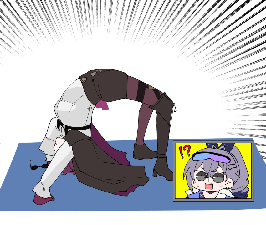 !? 2girls black_footwear closed_mouth drill_hair gloves goggles goggles_on_head grey_eyes grey_hair hands_on_floor high_ponytail highres honkai:_star_rail honkai_(series) kafka_(honkai:_star_rail) kanayuki meme multiple_girls open_mouth parody purple_gloves round_eyewear silver_wolf_(honkai:_star_rail) simple_background single_drill surprised sweatdrop teeth tv_show upper_teeth_only v-shaped_eyebrows