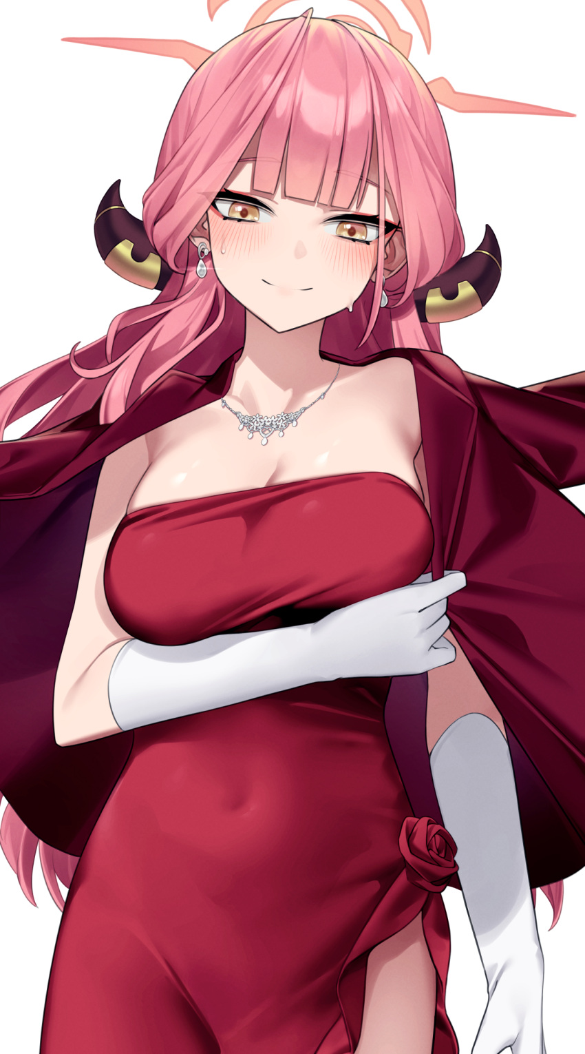 1girl aru_(blue_archive) aru_(dress)_(blue_archive) blue_archive blush breasts brown_coat brown_horns cleavage closed_mouth coat coat_on_shoulders demon_horns dress earrings gloves halo highres horns jewelry large_breasts long_hair looking_at_viewer necklace official_alternate_costume pink_hair pink_halo red_dress simple_background smile solo wakamepiza white_background white_gloves yellow_eyes