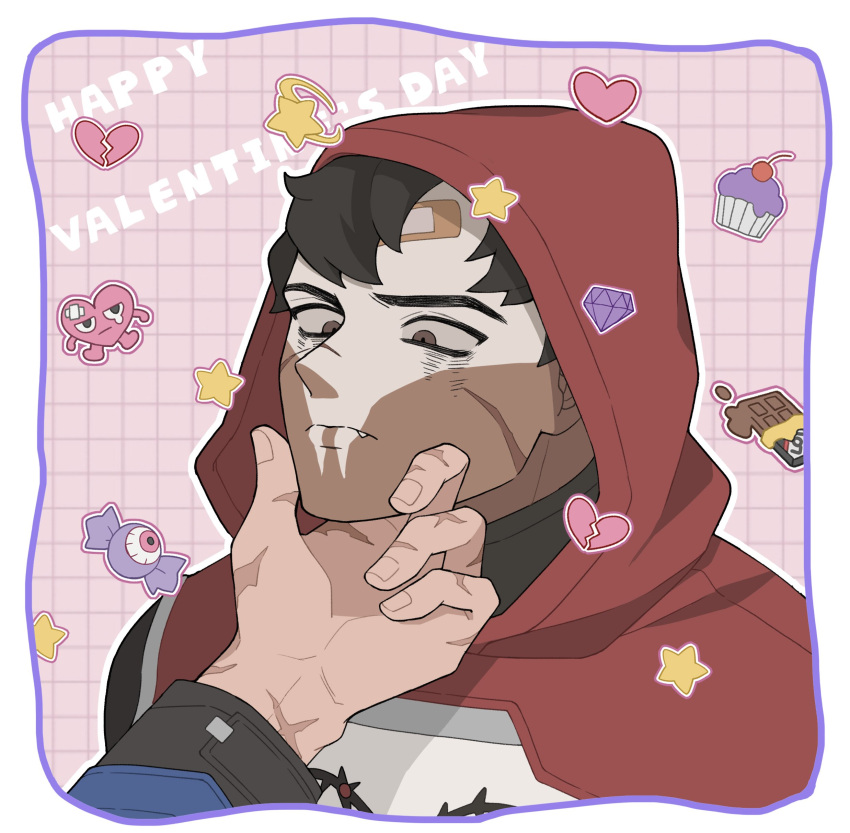 2boys absurdres black_hair brown_eyes candy candy_wrapper closed_mouth cupcake dark-skinned_male dark_skin dengcio facepaint food hand_on_another's_chin happy_valentine heart heartbreaker_reaper highres hood korean_commentary long_sleeves male_focus multiple_boys official_alternate_costume out_of_frame overwatch overwatch_1 overwatch_2 reaper_(overwatch) red_hood scar scar_on_face scar_on_hand short_hair soldier:_76_(overwatch) solo_focus star_(symbol) sticker sweets upper_body valentine