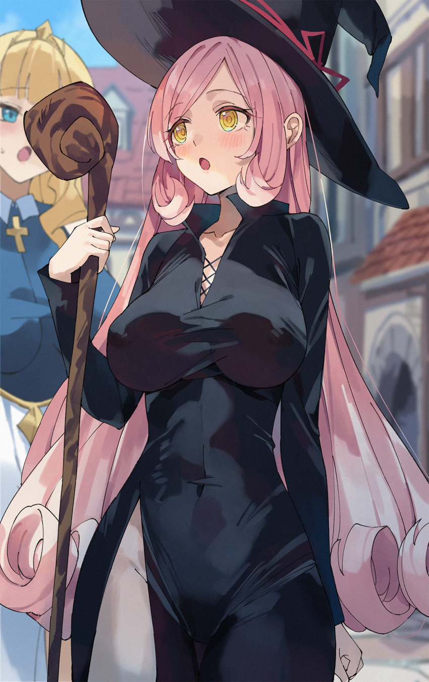 2girls :o black_dress black_headwear blonde_hair blue_eyes blue_sky blurry blurry_background blush breasts cloud commentary_request copyright_request covered_navel day dress hat highres holding holding_staff large_breasts long_hair multiple_girls open_mouth outdoors pink_hair sky staff thighs unacchi_(nyusankin) witch witch_hat yellow_eyes