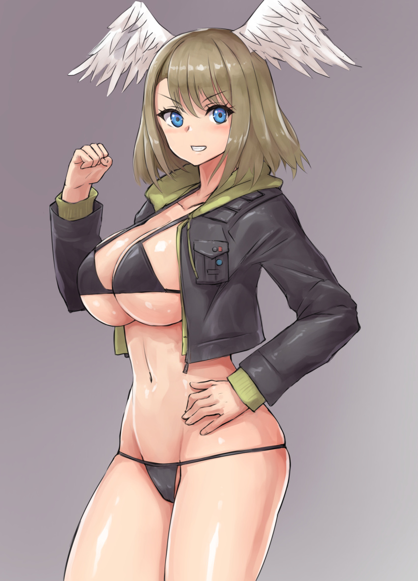 1girl angoha bikini bikini_under_clothes black_bikini black_jacket blue_eyes breasts brown_hair cleavage clenched_hand collarbone commentary_request cowboy_shot eunie_(xenoblade) feathered_wings grey_background grin groin hand_up head_wings highres hood hood_down hooded_jacket jacket large_breasts long_sleeves looking_at_viewer navel open_clothes open_jacket parted_bangs simple_background skindentation smile solo standing swimsuit v-shaped_eyebrows white_wings wings xenoblade_chronicles_(series) xenoblade_chronicles_3