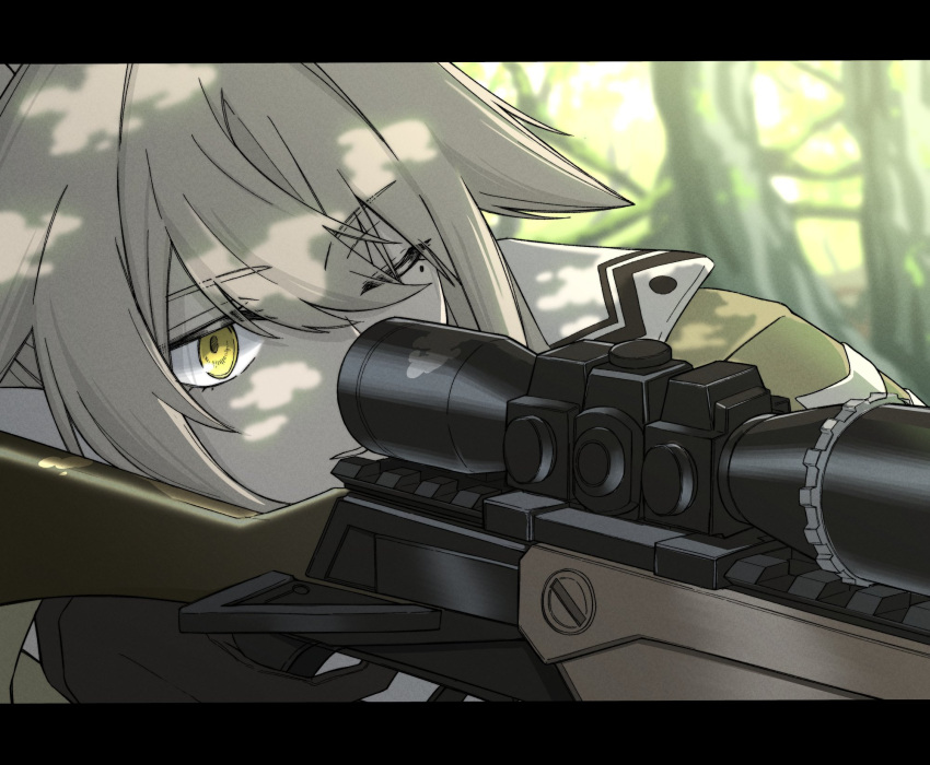 1girl arknights black_gloves blurry blurry_background commentary_request day depth_of_field finger_on_trigger firewatch_(arknights) gloves green_jacket grey_hair gun hair_between_eyes highres holding holding_gun holding_weapon jacket kyoro_(kyoroillust) letterboxed mole mole_under_eye one_eye_closed outdoors parted_lips rifle scope sniper_rifle solo tree weapon yellow_eyes