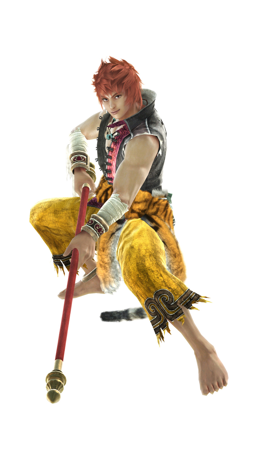 1boy absurdres bandai_namco barefoot clothes_around_waist fur_coat highres jacket jacket_around_waist jewelry male male_focus muscle namco_bandai necklace official_art pole red_hair solo soul_calibur soulcalibur_v xiba