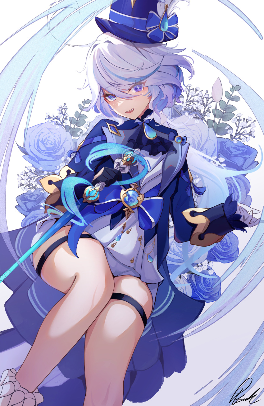 1girl absurdres ahoge artist_name ascot asymmetrical_gloves black_gloves blue_ascot blue_bow blue_eyes blue_flower blue_gemstone blue_hair blue_headwear blue_jacket blue_rose blue_shirt bow branch buttons collared_jacket drop-shaped_pupils eyes_visible_through_hair feathers feet_out_of_frame flower furina_(genshin_impact) gem genshin_impact gloves gold_trim gradient_hair grey_hair hair_between_eyes hat hat_bow hat_feather hat_ornament heterochromia highres holding holding_sword holding_weapon jacket leaf long_hair long_sleeves looking_at_viewer mismatched_gloves mismatched_pupils multicolored_hair open_clothes open_jacket open_mouth pink_flower pisuke_(user_kcmh2774) purple_eyes rose shirt shorts sidelocks simple_background sitting smile socks solo sword symbol-shaped_pupils teeth thigh_strap top_hat two-tone_hair vest vision_(genshin_impact) weapon white_background white_gloves white_shorts white_socks white_vest