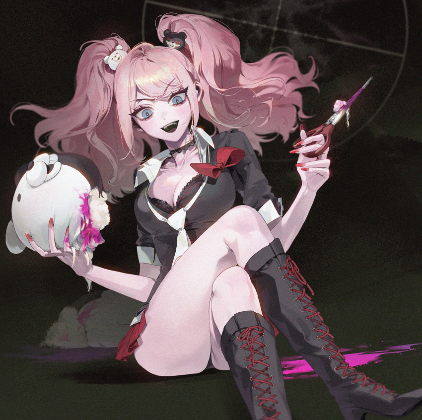 1girl :d absurdres ass baekryang bear_hair_ornament black_choker black_footwear black_panties black_shirt blood boots bow breasts brown_background choker cleavage collarbone danganronpa:_trigger_happy_havoc danganronpa_(series) enoshima_junko gradient_background hair_ornament high_heel_boots high_heels highres holding holding_scissors knees_up large_breasts monokuma necktie panties pink_blood red_bow scissors shirt sitting smile solo teeth twintails underwear upper_teeth_only white_necktie