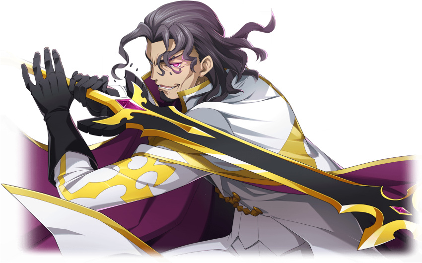 1boy artist_request bangs_pinned_back bismarck_waldstein black_gloves cape code_geass code_geass:_lost_stories facial_hair fighting_stance forehead game_cg geass gem gloves glowing glowing_eyes goatee grey_eyes grey_hair happy heterochromia highres holding holding_sword holding_weapon jacket leaning_forward long_sleeves male_focus military_uniform non-web_source official_art open_mouth pants pink_eyes purple_gemstone short_hair simple_background smile solo standing sword teeth transparent_background two-handed two-sided_cape two-sided_fabric uniform weapon white_cape white_jacket white_pants