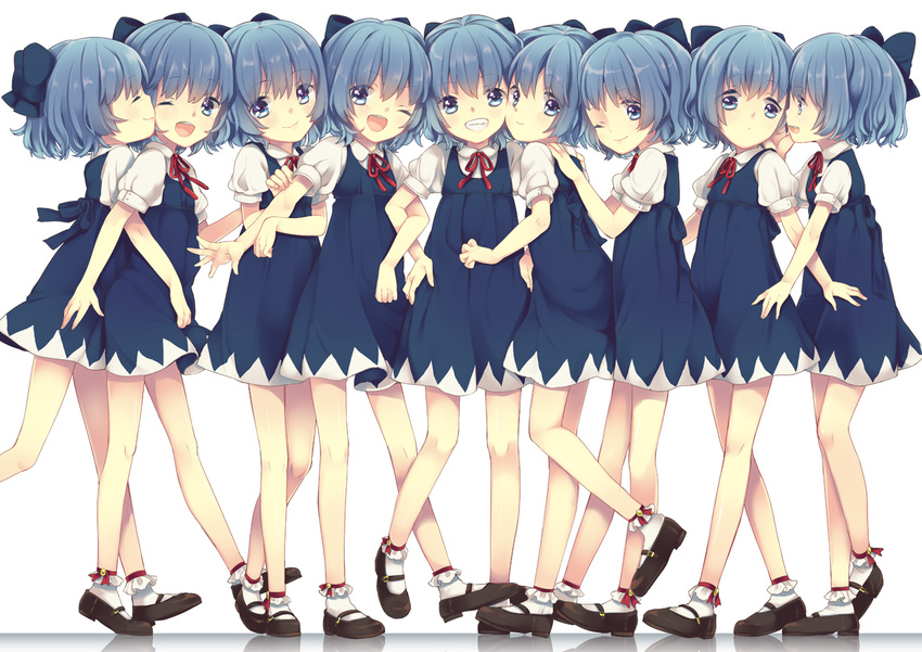 ;) ;d ^_^ ankle_ribbon bad_id bad_pixiv_id blue_eyes blue_hair bow cheek_kiss cirno clone closed_eyes dress grin hair_bow kiss locked_arms looking_at_viewer maki_(natoriumu) mary_janes multiple_girls multiple_persona one_eye_closed open_mouth ribbon shoes short_hair simple_background smile standing touhou white_background