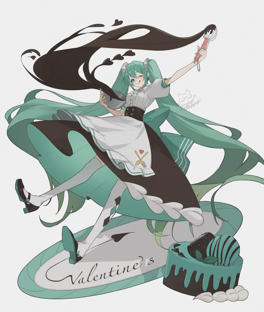 1girl :p absurdres apron aqua_bow aqua_eyes aqua_hair arms_up artist_name black_skirt bow bow_skirt bowl cake center_frills chocolate collared_shirt commentary_request food frills hatsune_miku high-waist_skirt highres holding holding_bowl holding_utensil large_bow long_hair looking_at_viewer maid mary_janes one_eye_closed plate puffy_short_sleeves puffy_sleeves shirt shoes short_sleeves signature simple_background skirt solo thighhighs tongue tongue_out twintails very_long_hair vocaloid waist_apron whisk white_apron white_background white_shirt white_thighhighs yukihira_makoto