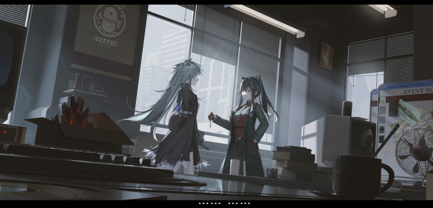 2girls absurdres animal_ears arknights belt black_belt black_coat black_gloves black_hair black_necktie black_shorts boboyo book buttons chinese_commentary closed_mouth coat collared_shirt commentary_request cup electric_fan expressionless gloves grey_eyes grey_hair hair_between_eyes hand_in_pocket highres holding indoors keyboard_(computer) lappland_(arknights) letterboxed long_hair long_sleeves looking_at_another mug multiple_girls necktie office official_alternate_costume open_clothes open_coat orange_eyes penguin_logistics_logo ponytail profile red_gloves red_shirt shirt shorts sidelocks smile standing table texas_(arknights) texas_(willpower)_(arknights) watch window wolf_ears wolf_girl wristwatch