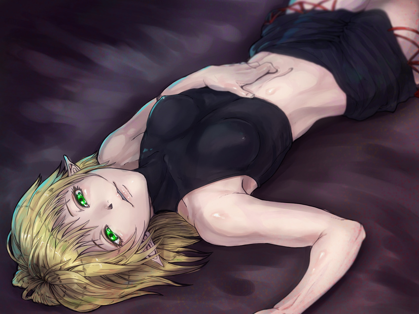 bare_shoulders baten_(gei-vorugu) blonde_hair breasts covered_nipples green_eyes hair_in_mouth highres lips looking_at_viewer lying medium_breasts midriff mizuhashi_parsee navel on_back pointy_ears short_hair skirt sleeveless sleeveless_turtleneck solo touhou turtleneck